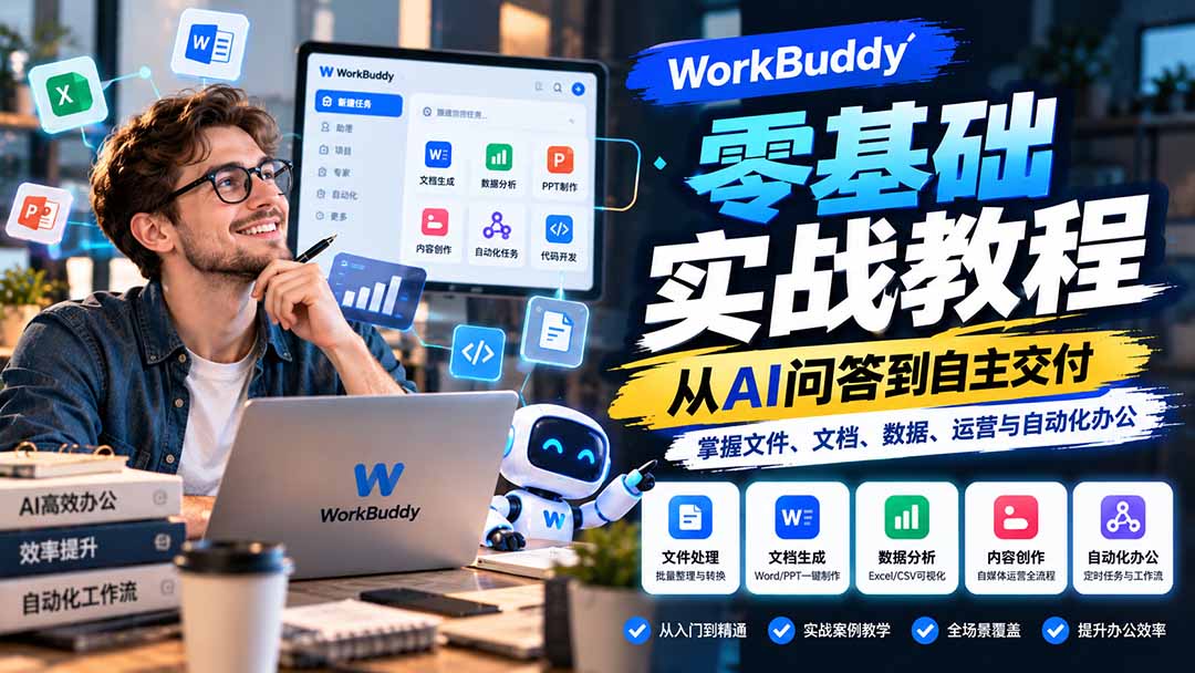WorkBuddy零基础实战教程：从AI问答到自主交付，掌握文件、文档、数据、运营与自动化办公-皮皮网创