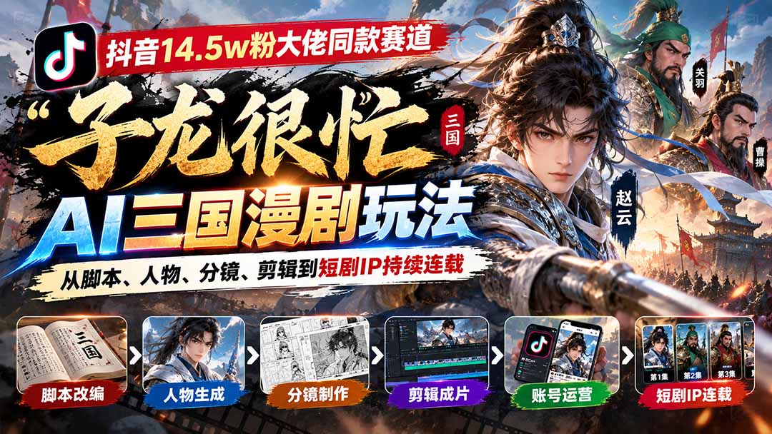 抖音14.5w粉大佬同款赛道「子龙很忙」AI三国漫剧玩法：从脚本、人物、分镜、剪辑到短剧IP持续连载-皮皮网创