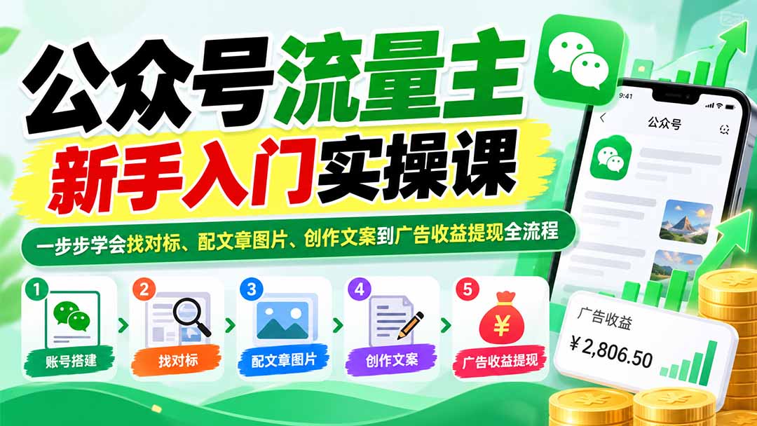 公众号流量主新手入门实操课：一步步学会找对标、配文章图片、创作文案到广告收益提现全流程-皮皮网创