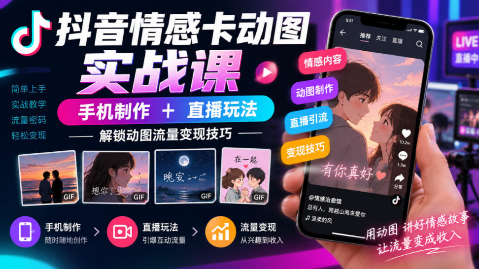 抖音情感卡动图实战课|手机制作+直播玩法,解锁动图流量变现技巧-皮皮网创