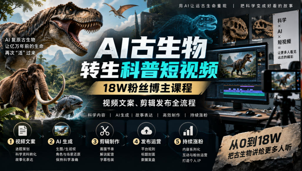 AI古生物转生科普短视频，18W粉丝博主课程，视频文案、剪辑发布全流程-皮皮网创
