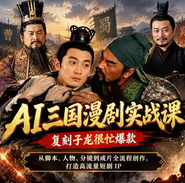 抖音14W粉博主同款AI三国漫剧实战课，复刻子龙很忙爆款，从脚本、人物、分镜到成片全流程创作，打造高流量短剧IP-皮皮网创