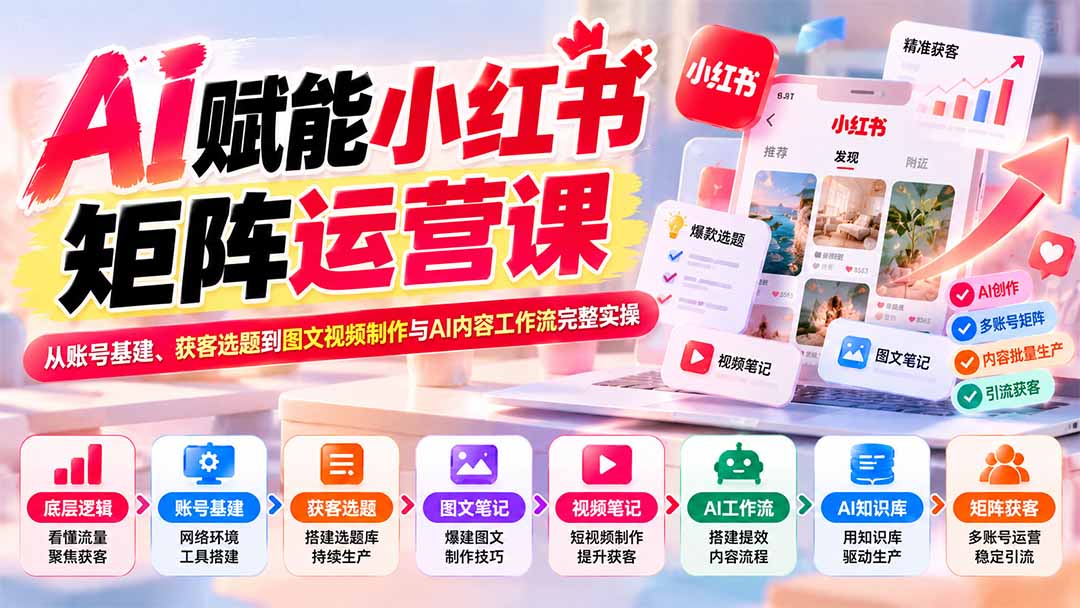 AI赋能小红书矩阵运营课:从账号基建、获客选题到图文视频制作与AI内容工作流完整实操-皮皮网创