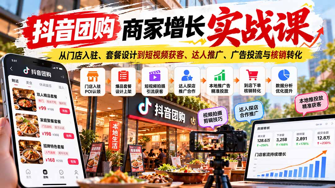 抖音团购商家增长实战课：从门店入驻、套餐设计到短视频获客、达人推广、广告投流与核销转化-皮皮网创
