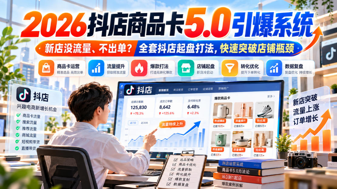 2026抖店商品卡5.0引爆店铺流量,新店没流量、不出单?全套抖店起盘打法,快速突破店铺瓶颈-皮皮网创