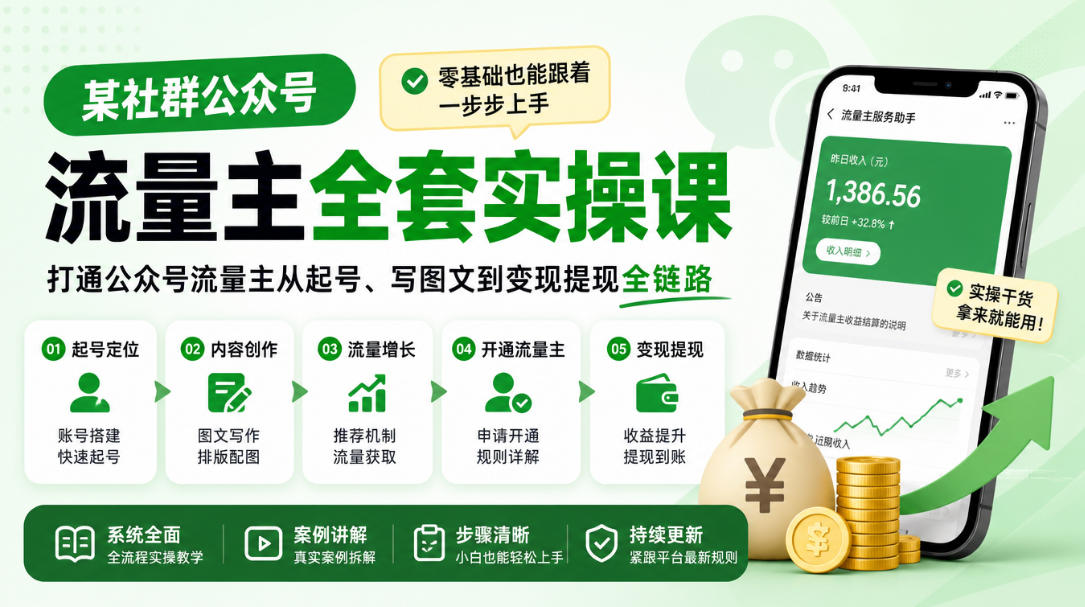 某社群公众号流量主全套实操课,零基础也能跟着一步步上手,打通公众号流量主从起号、写图文到变现提现全链路-皮皮网创