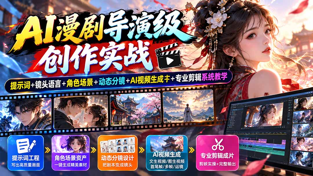 AI漫剧导演级创作实战：提示词+镜头语言+角色场景+动态分镜+AI视频生成+专业剪辑系统教学-皮皮网创