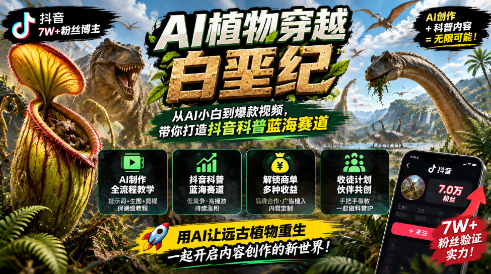 抖音7W粉丝博主的AI植物穿越白垩纪教学,抖音科普蓝海赛道,解锁商单收徒伙伴计划等多种收益-皮皮网创