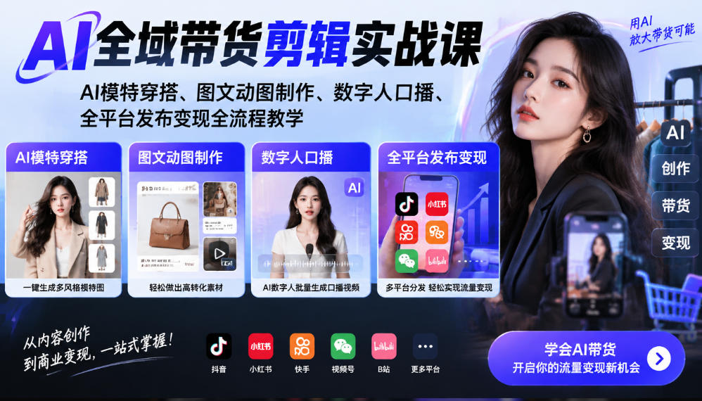 AI全域带货剪辑实战课｜AI模特穿搭、图文动图制作、数字人口播、全平台发布变现全流程教学-皮皮网创