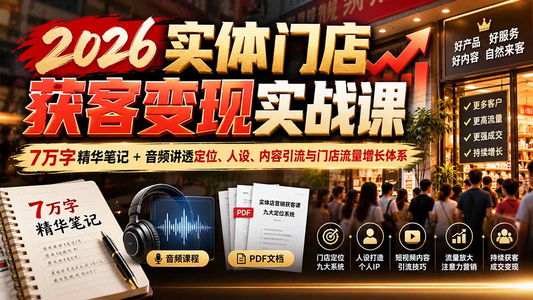 2026实体门店获客变现实战课:7万字精华笔记+音频讲透定位、人设、内容引流与门店流量增长体系-皮皮网创