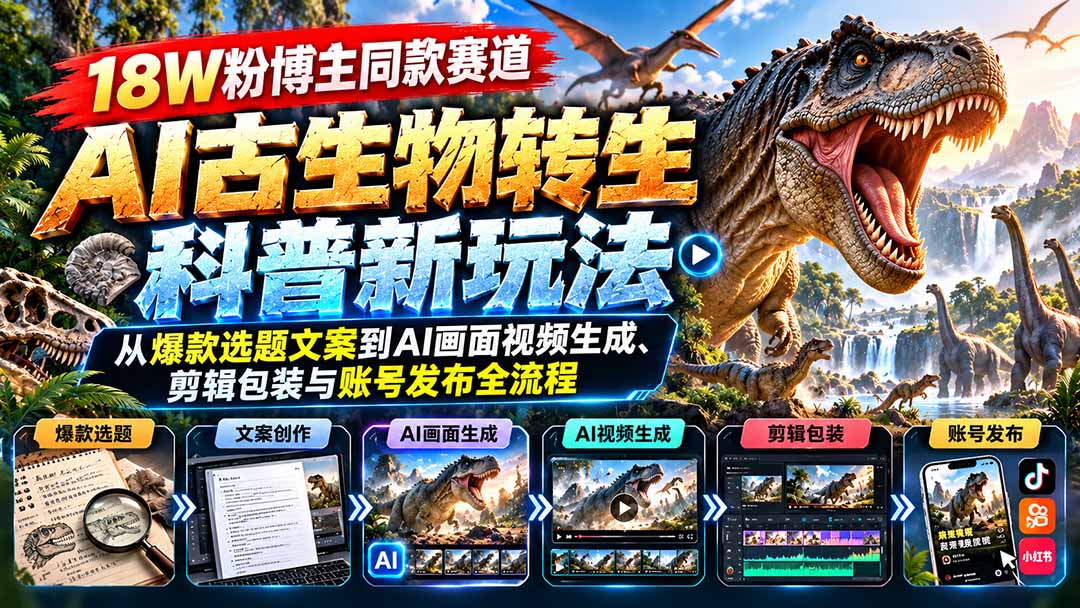 18W粉博主同款赛道-AI古生物转生科普新玩法:从爆款选题文案到AI画面视频生成、剪辑包装与账号发布全流程-皮皮网创