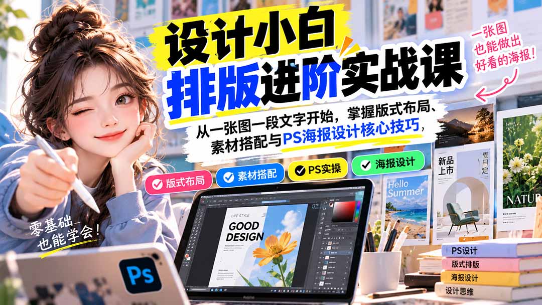 设计小白排版进阶实战课：从一张图一段文字开始，掌握版式布局、素材搭配与PS海报设计核心技巧-皮皮网创