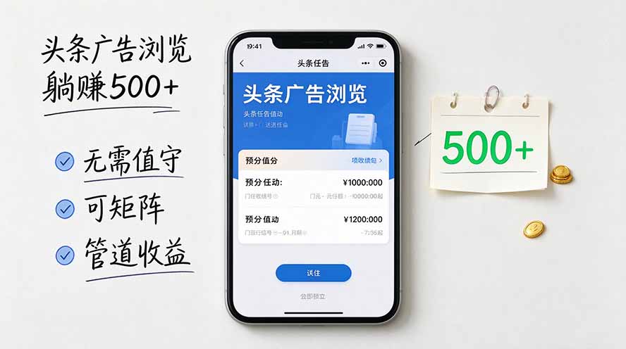 头条广告浏览躺赚500+无需值守，可矩阵并附有管道收益-皮皮网创