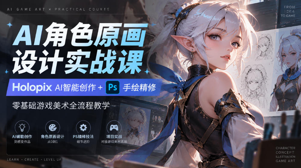 AI角色原画设计实战课|Holopix AI智能创作+PS手绘精修,零基础游戏美术全流程教学-皮皮网创