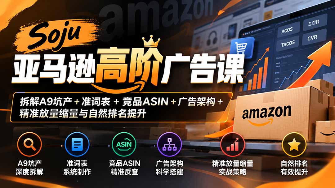 Soju亚马逊高阶广告课：拆解A9坑产+准词表+竞品ASIN+广告架构+精准放量缩量与自然排名提升-皮皮网创