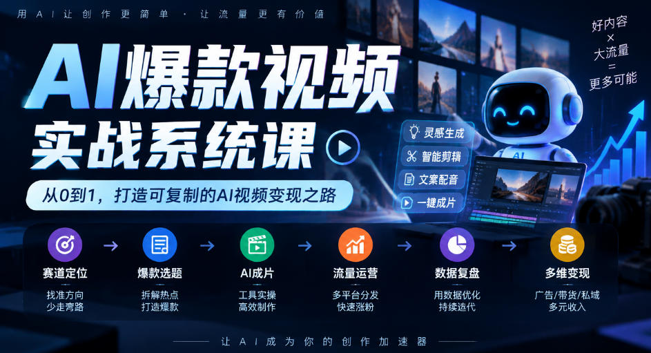 AI爆款视频实战系统课|赛道定位、爆款选题、AI成片、流量运营、数据复盘、多维变现全链路教学-皮皮网创