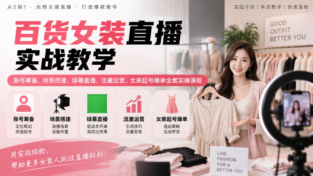 百货女装直播实战教学|账号筹备、场景搭建、绿幕直播、流量运营、女装起号爆单全套实操课程-皮皮网创