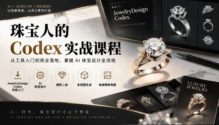 珠宝人的Codex实战课程|JewelryDesign Codex安装入门、AI珠宝设计、爆款二创、多视图生成、电商精修海报全链路教学-皮皮网创