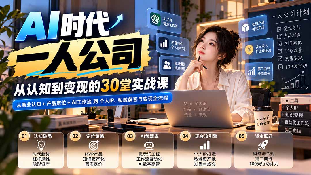【无水印】AI时代一人公司30堂实战课:从商业认知+产品定位+AI工作流到个人IP、私域获客与变现全流程-皮皮网创