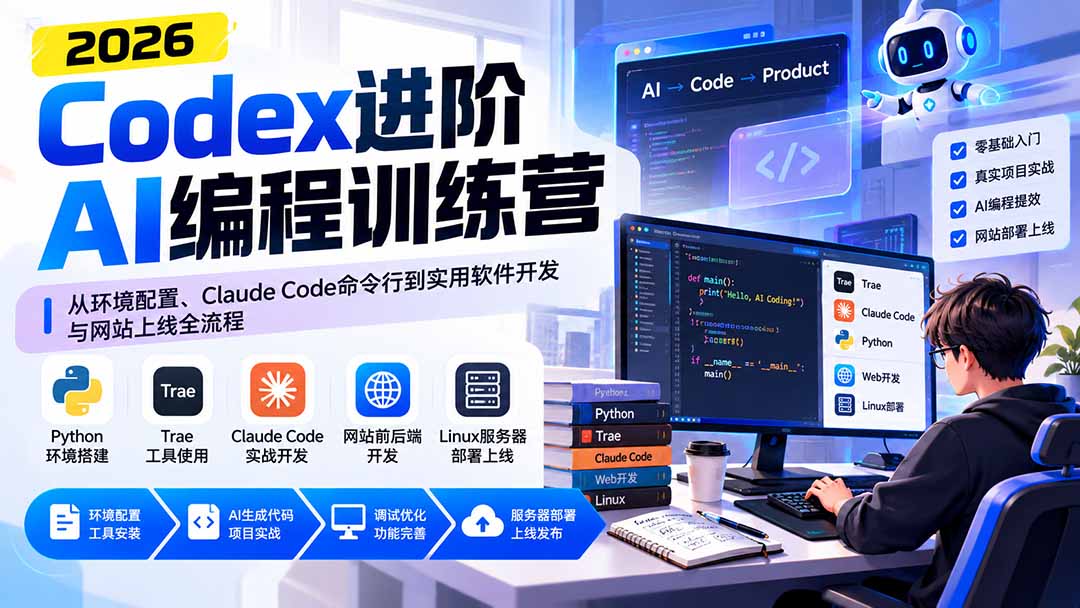 Codex进阶AI编程训练营:从环境配置、Claude Code命令行到实用软件开发与网站上线全流程-皮皮网创