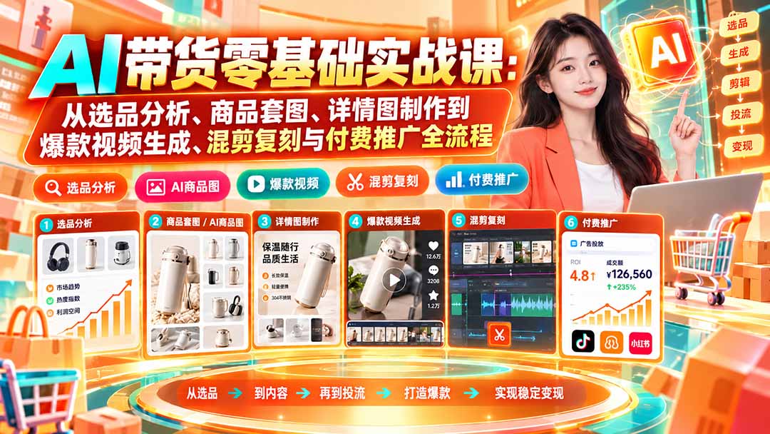 AI带货零基础实战课:从选品分析、商品套图、详情图制作到爆款视频生成、混剪复刻与付费推广全流程-皮皮网创