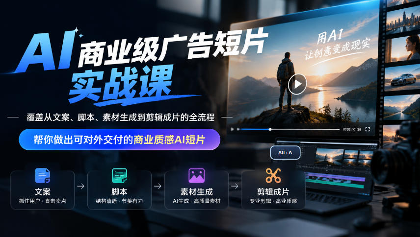AI商业级广告短片实战课，覆盖从文案、脚本、素材生成到剪辑成片的全流程，帮你做出可对外交付的商业质感AI短片-皮皮网创