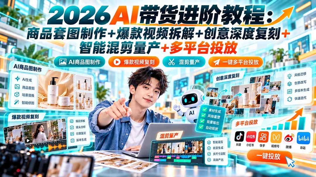 2026AI带货进阶教程:商品套图制作+爆款视频拆解+创意深度复刻+智能混剪量产+多平台投放-皮皮网创
