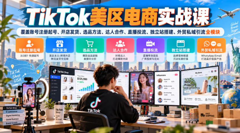TikTok美区电商实战课，覆盖账号注册起号、开店发货、选品方法、达人合作、直播投流、独立站搭建、外贸私域引流全模块-皮皮网创