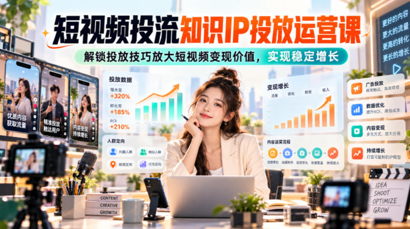 短视频投流知识IP投放运营课,解锁投放技巧放大短视频变现价值,实现稳定增长-皮皮网创