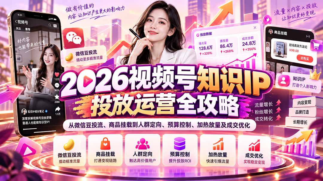 2026视频号知识IP投放运营全攻略：从微信豆投流、商品挂载到人群定向、预算控制、加热放量及成交优化-皮皮网创