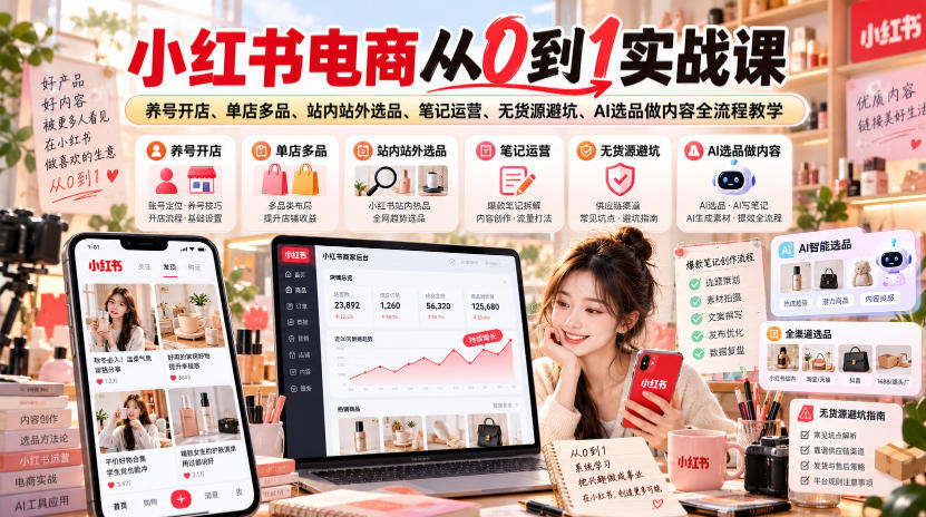 小红书电商从0到1实战课|养号开店、单店多品、站内站外选品、笔记运营、无货源避坑、AI选品做内容全流程教学-皮皮网创