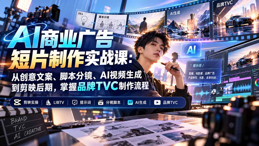 AI商业广告短片制作实战课：从创意文案、脚本分镜、AI视频生成到剪映后期，掌握品牌TVC制作流程-皮皮网创
