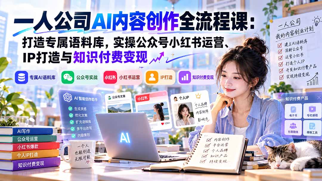 一人公司AI内容创作全流程课：打造专属语料库，实操公众号小红书运营、IP打造与知识付费变现方法论-皮皮网创