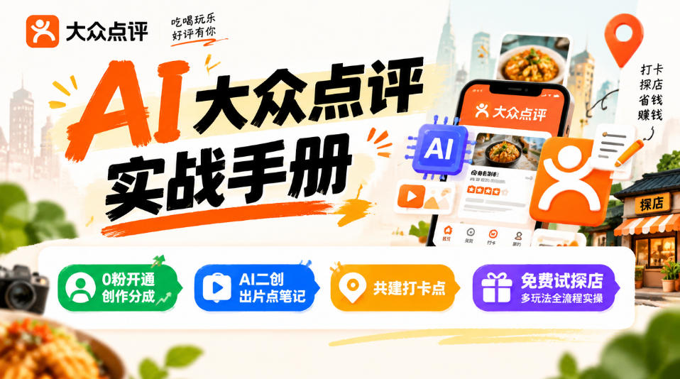 某局的AI大众点评实战手册，0粉开通创作分成、AI二创出片点笔记、共建打卡点、免费试探店多玩法全流程实操-皮皮网创