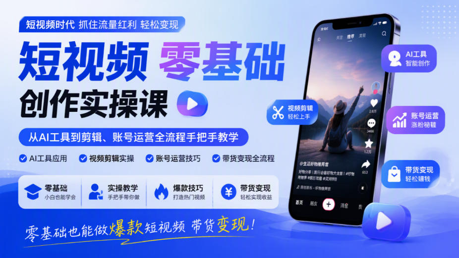短视频零基础创作实操课，从AI工具到剪辑、账号运营全流程手把手教学，零基础也能做爆款短视频带货变现-皮皮网创