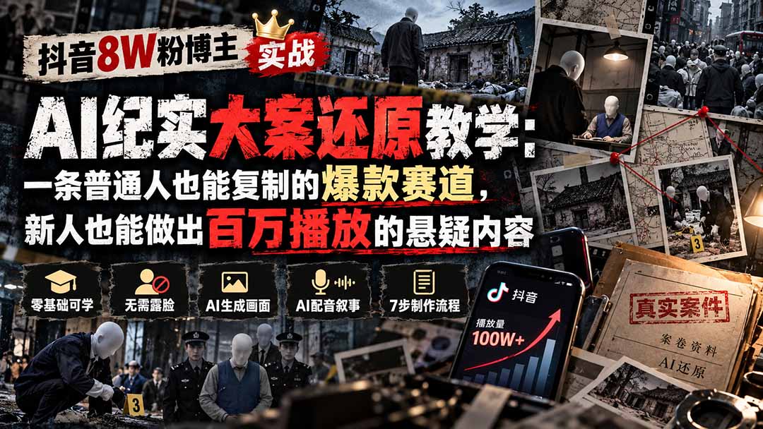 抖音8W粉博主AI纪实大案还原教学：一条普通人也能复制的爆款赛道，新人也能做出百万播放的悬疑内容-皮皮网创