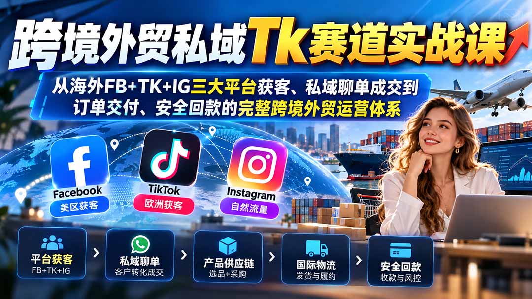 跨境外贸私域Tk赛道实战课:从海外FB+TK+IG三大平台获客、私域聊单成交到订单交付、安全回款的完整跨境外贸运营体系-皮皮网创