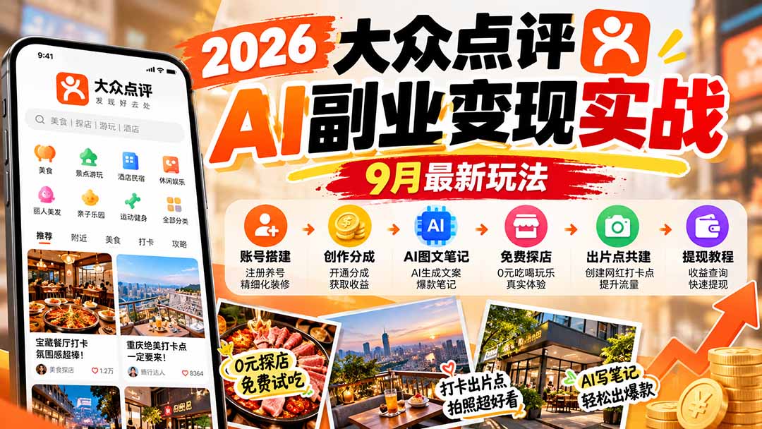 2026大众点评AI副业变现实战9月最新玩法：账号搭建+创作分成+AI图文笔记+免费探店+出片点共建与提现教程-皮皮网创