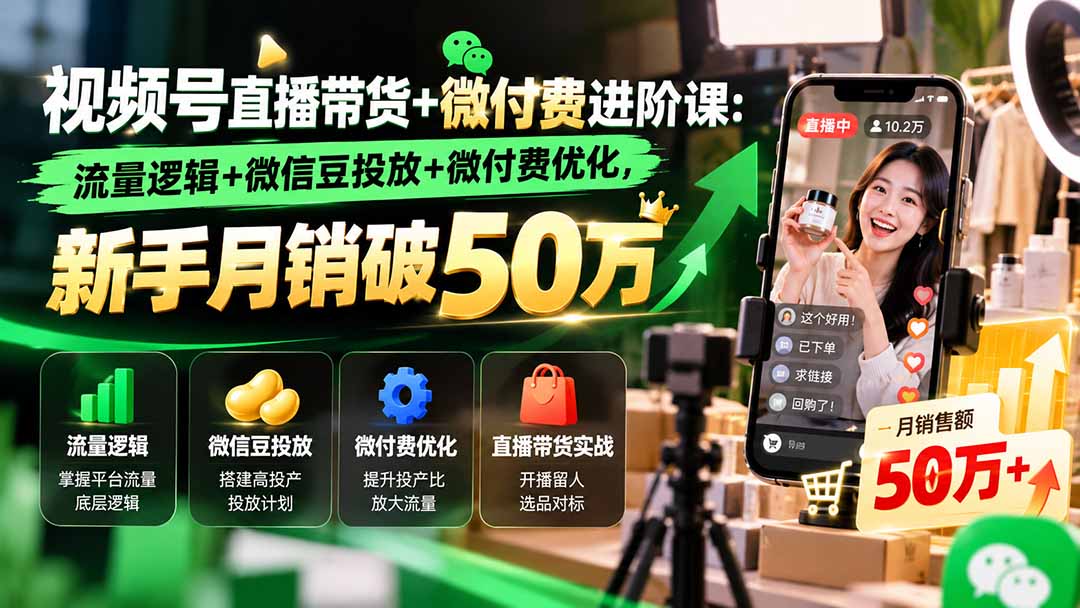 视频号直播带货+微付费进阶课-更新1010:流量逻辑+微信豆投放+微付费优化,新手月销破50万-皮皮网创