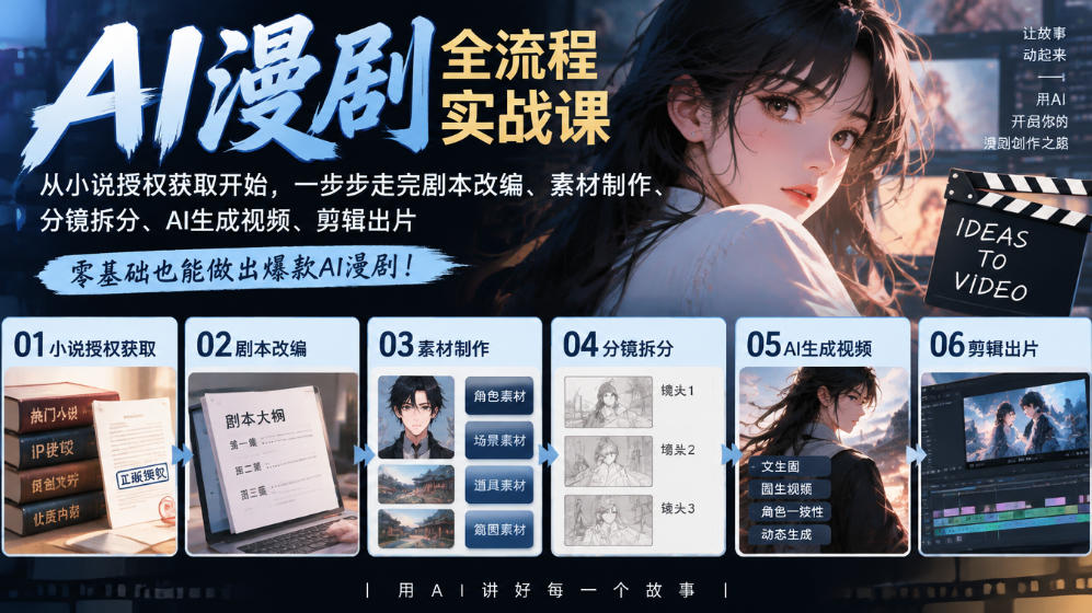 AI漫剧全流程实战课|从小说授权获取开始,一步步走完剧本改编、素材制作、分镜拆分、AI生成视频、剪辑出片全流程-皮皮网创