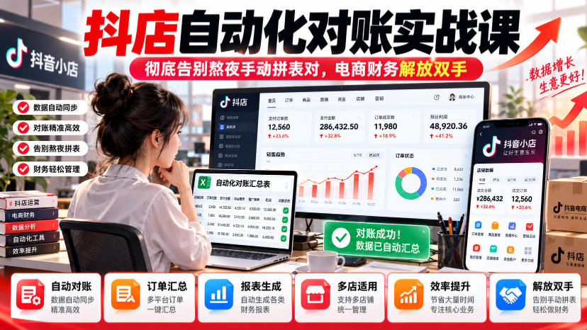 抖店自动化对账实战课,彻底告别熬夜手动拼表对,账电商财务解放双手-皮皮网创