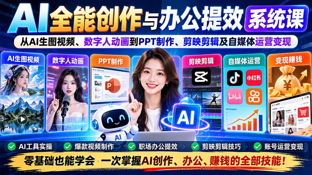 AI全能创作与办公提效系统课:从AI生图视频、数字人动画到PPT制作、剪映剪辑及自媒体运营变现-皮皮网创