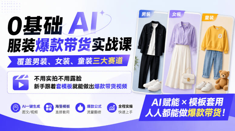 0基础AI服装爆款带货实战课｜覆盖男装、女装、童装三大赛道，不用实拍不用露脸，新手跟着套模板就能做出爆款带货视频(更新1010)-皮皮网创