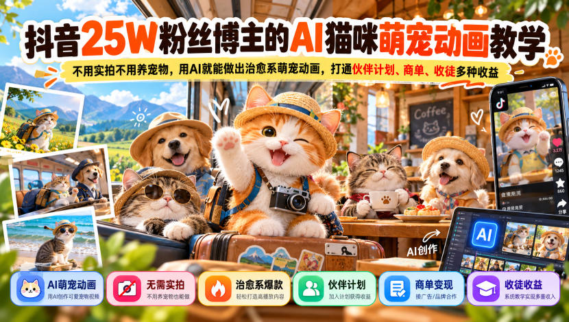 抖音25W粉丝博主的AI猫咪萌宠动画教学,不用实拍不用养宠物,用AI就能做出治愈系萌宠动画,打通伙伴计划、商单、收徒多种收益-皮皮网创