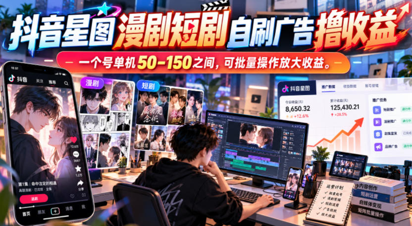抖音星图漫剧短剧自刷广告撸收益,一个号单机50-150之间,可批量操作放大收益-皮皮网创