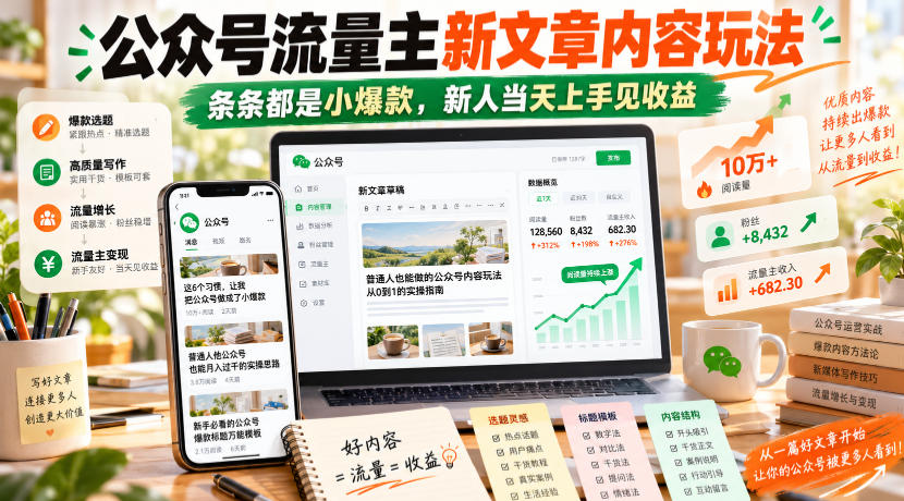 公众号流量主新文章内容玩法，条条都是小爆款，新人当天上手见收益-皮皮网创