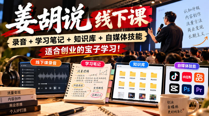 姜胡说线下课录音＋学习笔记＋知识库＋自媒体技能，​适合创业的宝子学习！-皮皮网创