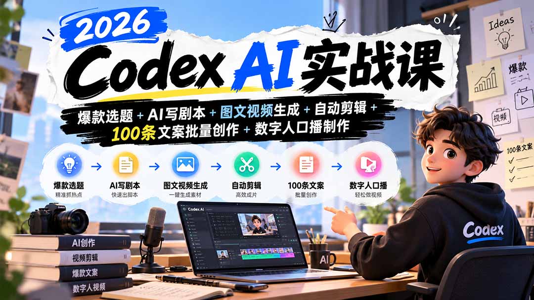 2026Codex AI实战课：爆款选题+AI写剧本+图文视频生成+自动剪辑+100条文案批量创作+数字人口播制作-皮皮网创