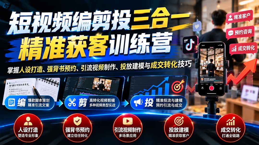 短视频编剪投三合一精准获客训练营:掌握人设打造、强背书预约、引流视频制作、投放建模与成交转化技巧-皮皮网创