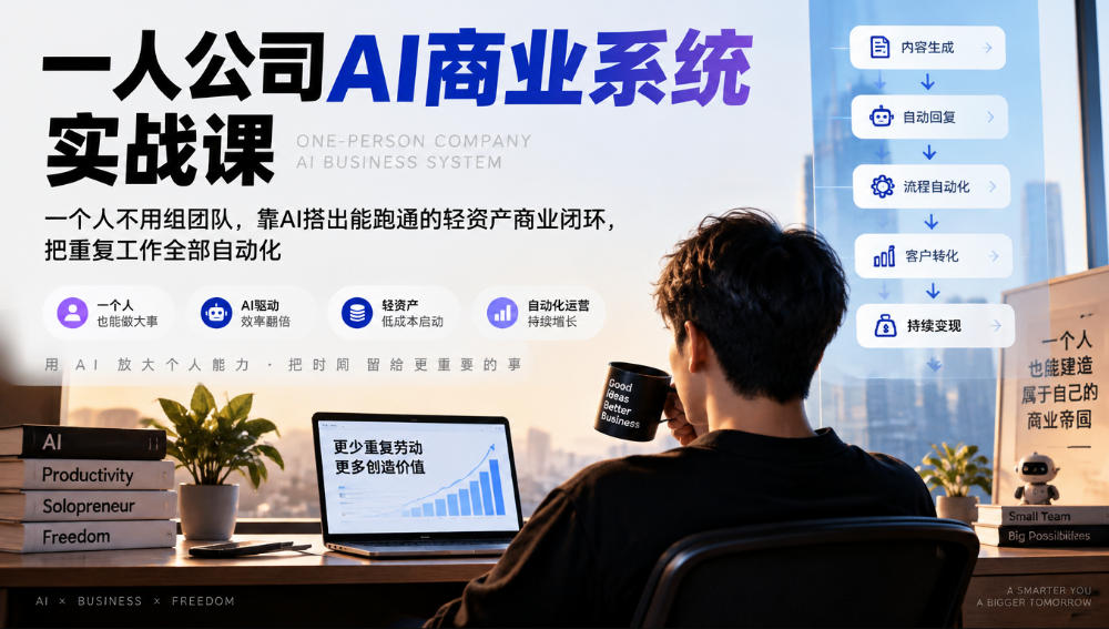 一人公司AI商业系统实战课,一个人不用组团队,靠AI搭出能跑通的轻资产商业闭环,把重复工作全部自动化-皮皮网创